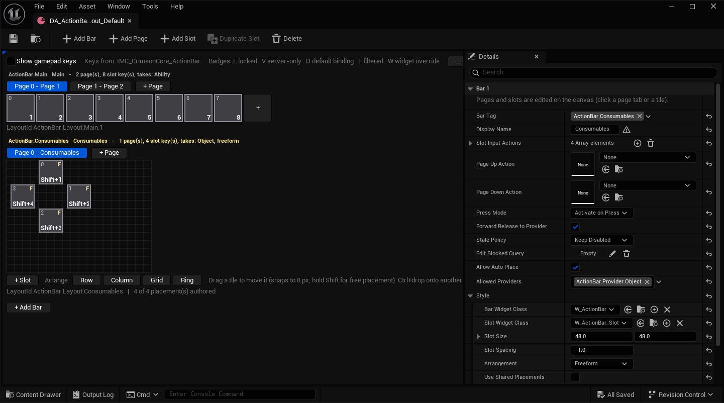 The action bar layout editor with a flat eight-slot main bar above a Freeform consumables bar whose four slots are arranged as a cross, bound to Shift+1 through Shift+4