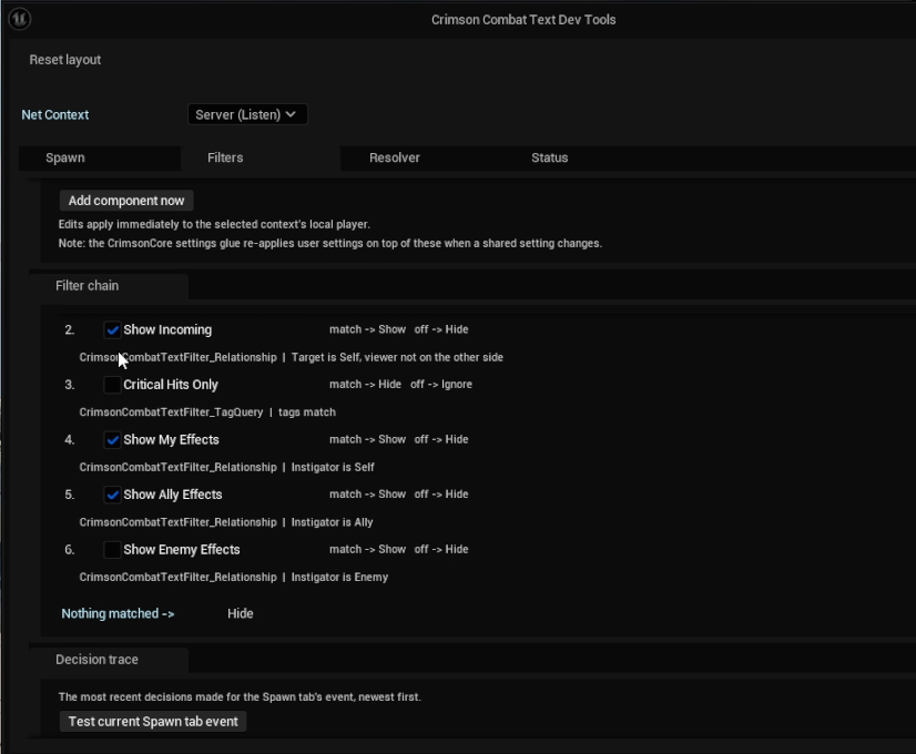The Crimson Combat Text Dev Tools Filters tab: the ordered filter chain with Show Incoming, Critical Hits Only, Show My Effects, Show Ally Effects and Show Enemy Effects, each with its match rule, above the Decision trace panel and its Test current Spawn tab event button
