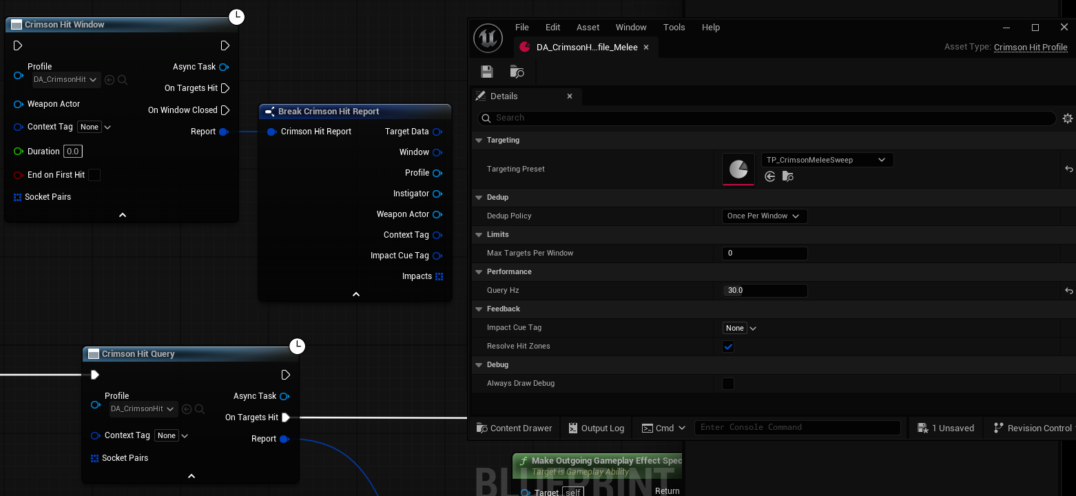 Crimson Hit Window and Crimson Hit Query nodes in an ability graph with a Hit Profile picked, next to the Hit Profile asset showing its targeting preset, dedup policy, target limit, query rate and hit zone settings