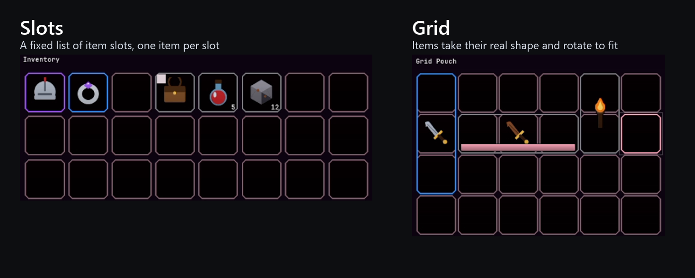 The same items in two inventory layouts side by side: a slot list with one item per slot, and a grid pouch where a sword lies rotated across three cells