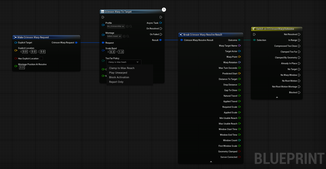 Blueprint graph: Make Crimson Warp Request feeding Crimson Warp To Target with the Too Far Policy dropdown open (Clamp to Max Reach, Play Unwarped, Block Activation, Report Only), then Break Crimson Warp Resolve Result and a Switch on ECrimsonWarpOutcome