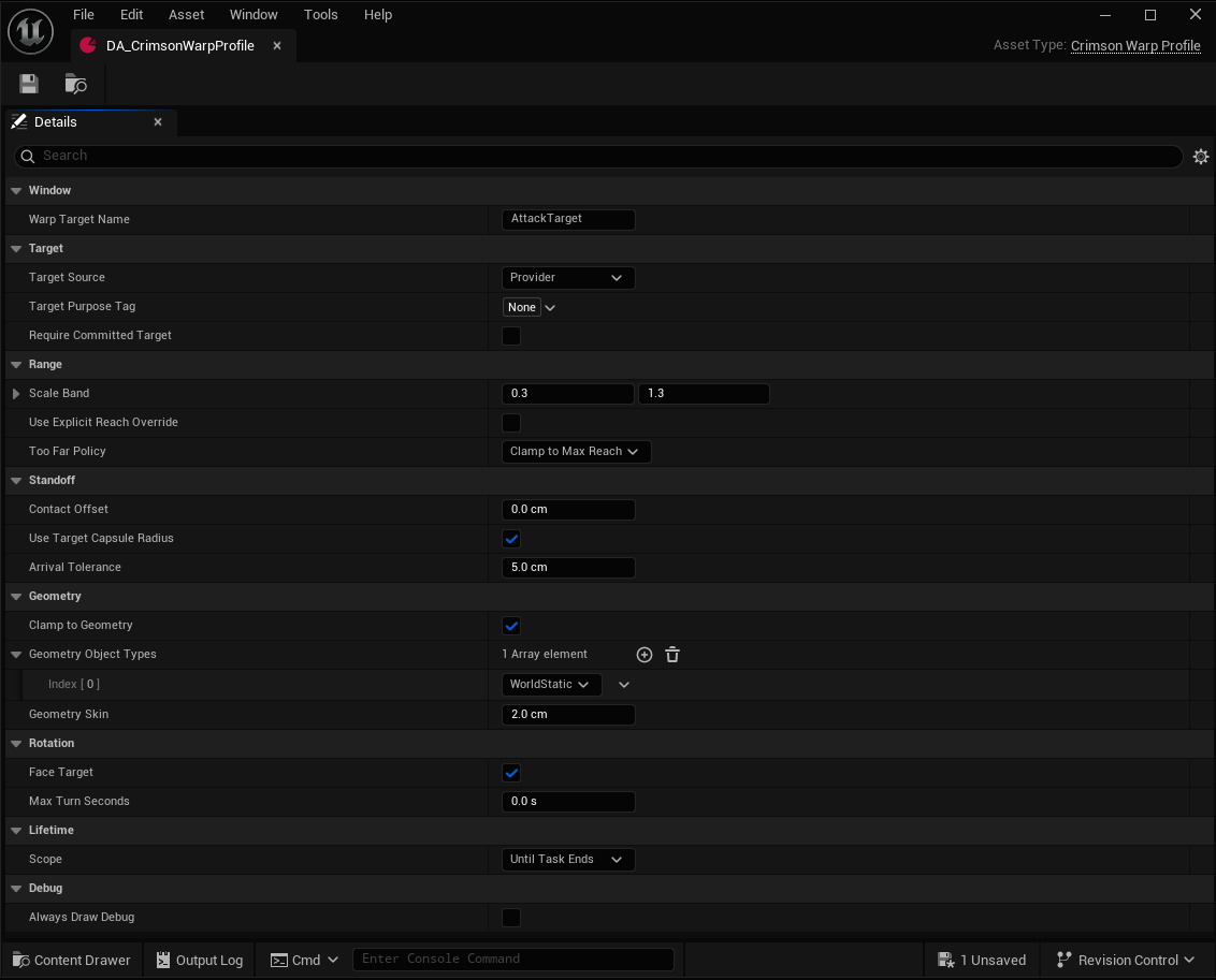 A Crimson Warp Profile data asset in the Unreal editor: Warp Target Name, Target Source set to Provider, Target Purpose Tag, Require Committed Target, a 0.3 to 1.3 Scale Band, Too Far Policy, capsule-aware Standoff, Geometry clamp on World Static, Face Target and Max Turn Seconds