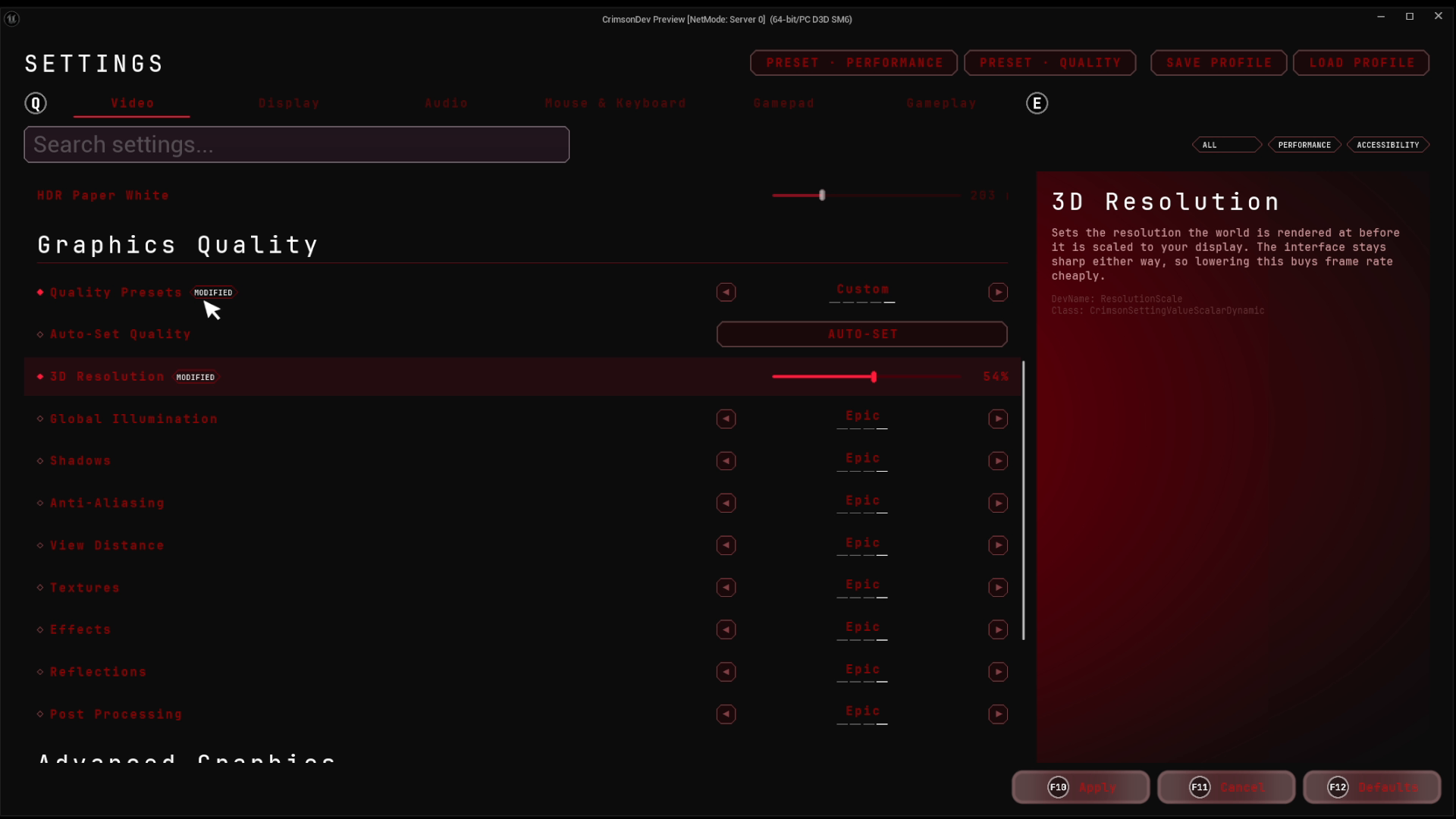 The in-game settings screen on the Video tab: Graphics Quality rows with 3D Resolution and Quality Presets marked Modified, a description panel for the selected setting, and Apply, Cancel and Defaults along the bottom