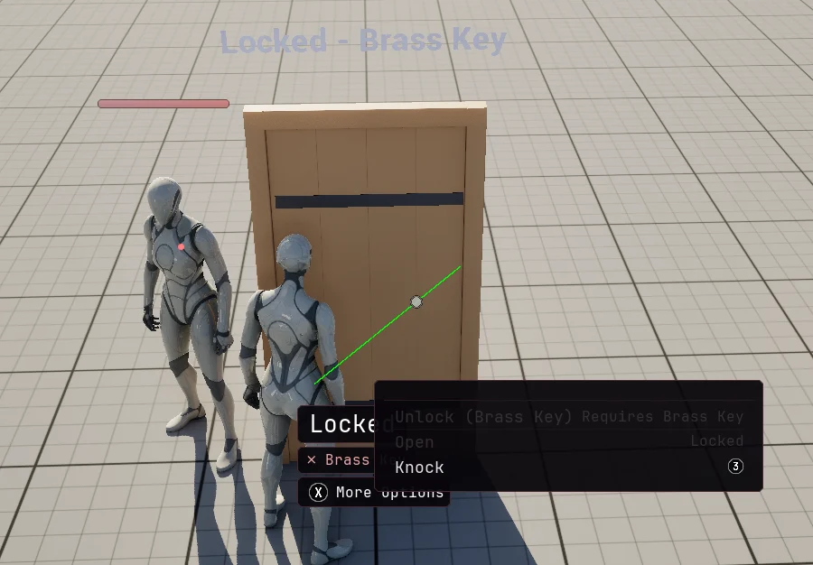 A world-anchored context menu on a locked door: unavailable options stay listed with their reason, and Knock carries the direct key that runs it