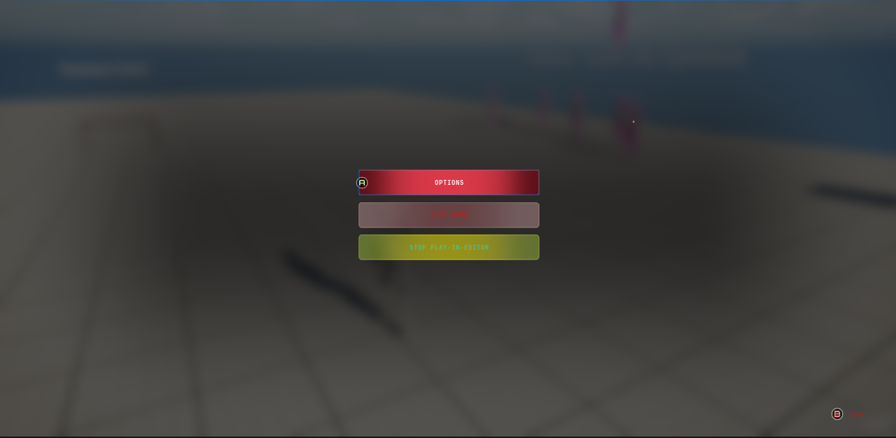 The shipped game menu over blurred gameplay: the focused button carries its gamepad glyph, with the Back action in the bottom bar