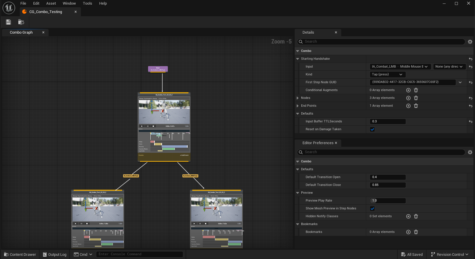The combo graph editor with the entry node, three step nodes and their transitions.