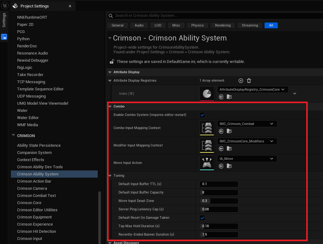 Project Settings -> Crimson -> Crimson Ability System with the three combo input settings populated.