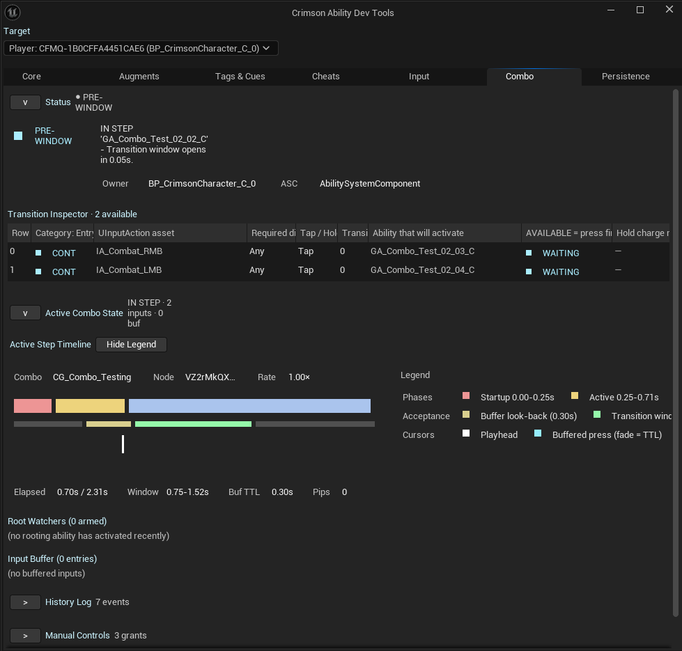 The Combo tab of the Crimson Ability Dev Tools window during PIE.