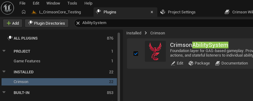 The Plugins window with CrimsonAbilitySystem enabled.
