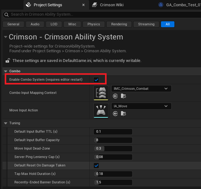 Project Settings with Enable Combo System ticked.