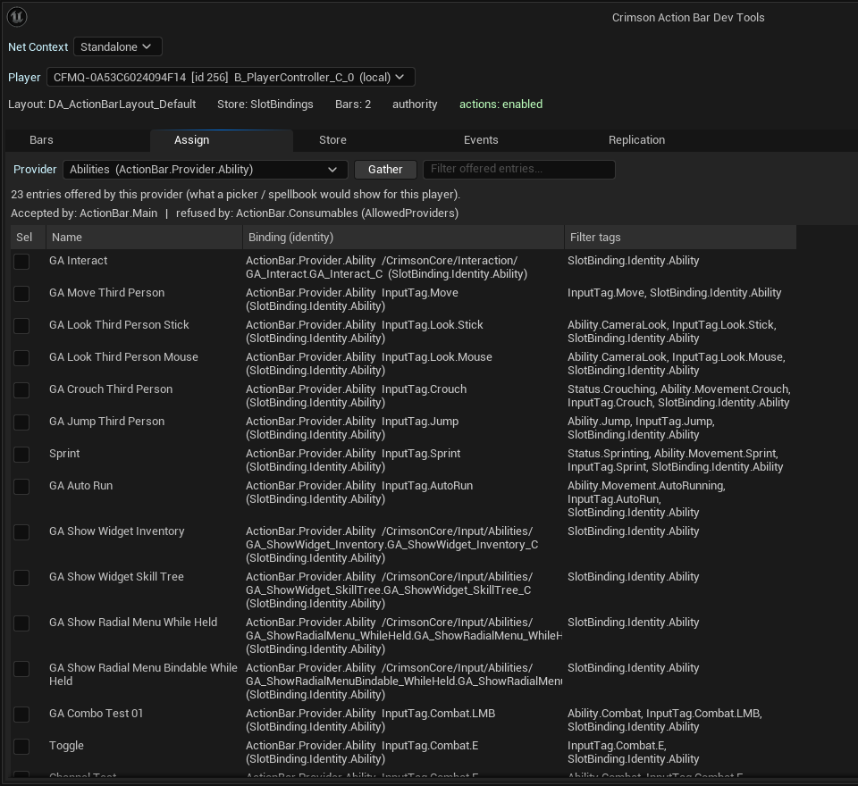 The Assign tab after Gather on the ability provider: every bindable entry with its identity and filter tags, and the AllowedProviders verdict - accepted by ActionBar.Main, refused by ActionBar.Consumables.
