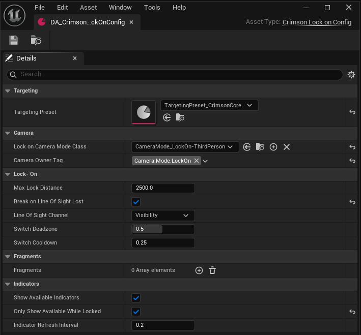 UCrimsonLockOnConfig -> set Targeting Preset, Lock On Camera Mode Class (your lock-on mode BP), Camera Owner Tag (e.g. Camera.Mode.LockOn), and tunables (MaxLockDistance, SwitchDeadzone, ...).