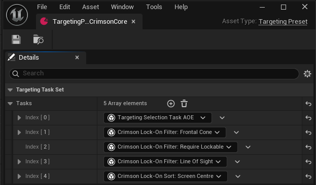 Targeting Preset -> Tasks: AOE Selection -> Crimson Lock-On Filter: Require Lockable -> Crimson Lock-On Filter: Frontal Cone (optional, forward cone only) -> Crimson Lock-On Filter: Team Affiliation -> Crimson Lock-On Filter: Line Of Sight -> Sort By Distance and/or Crimson Lock-On Sort: Screen Centre.