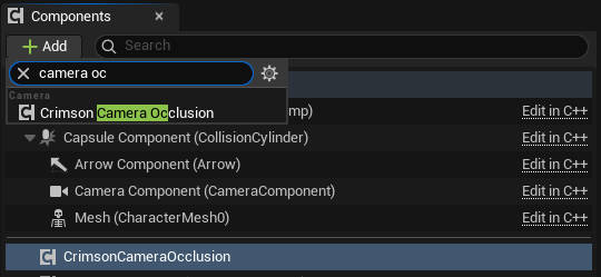 Pawn Blueprint -> Add Component -> Crimson Camera Occlusion Component.