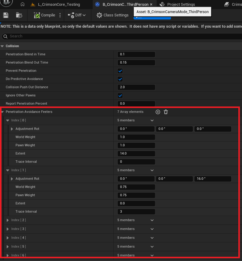Mode Details -> Third Person | Collision: bPreventPenetration, PenetrationBlendInTime / PenetrationBlendOutTime, and the PenetrationAvoidanceFeelers array (AdjustmentRot, WorldWeight, PawnWeight, Extent, TraceInterval per entry).