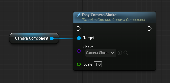 Get the Crimson Camera Component -> Play Camera Shake (Shake = your shake class, Scale = 1.0).