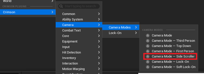 Content Browser -> Crimson Plugins -> Camera -> Camera Modes -> Camera Mode - Side Scroller. The Details panel groups its settings under Side Scroller: Axis, Framing, Deadzone, Follow, and Look Ahead.