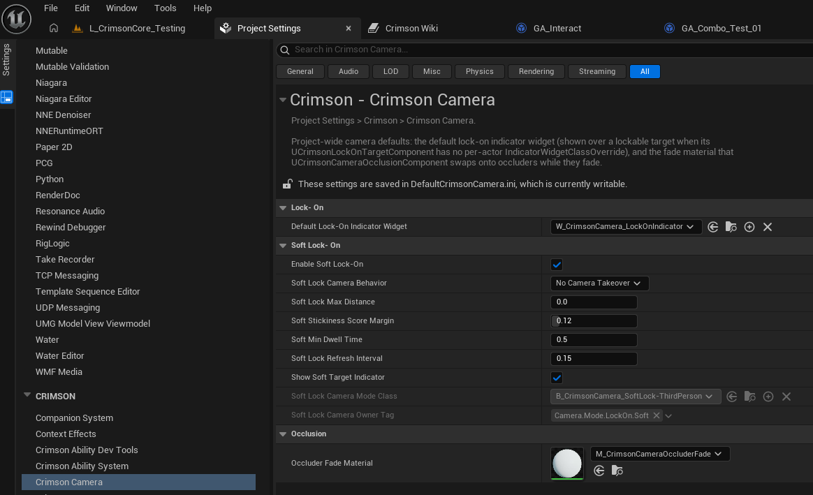 Project Settings -> Crimson -> Crimson Camera -> Soft Lock-On: Enable Soft Lock-On, then tune stickiness, range, and the indicator.