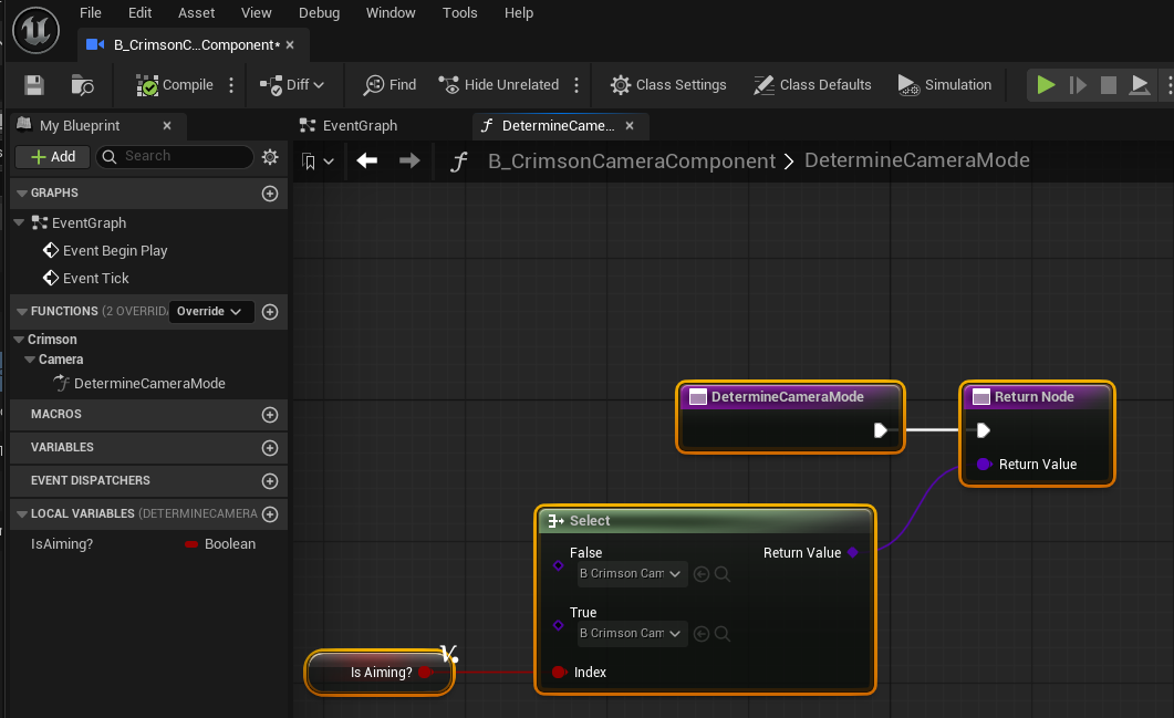 Make a Blueprint subclass of Crimson Camera Component, add it to your pawn, and override the Determine Camera Mode event to return a mode class.