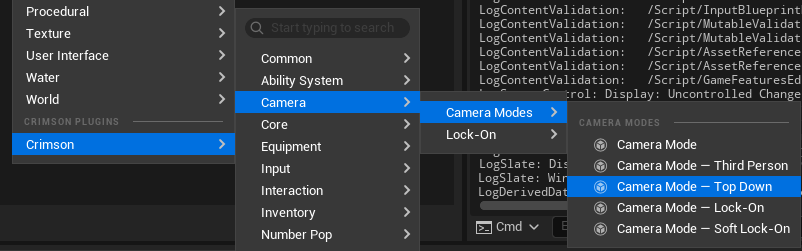 Content Browser -> Crimson Camera -> Camera Mode - Top Down. Open it and set PivotOffset (the fixed camera offset), FollowSpeed, and the TargetOffset curve(s) in the Top Down category.