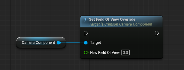 On FOV slider changed: get the Crimson Camera Component -> Set Field Of View Override (New Field Of View = slider degrees). Set 0 to use the mode's authored FOV.