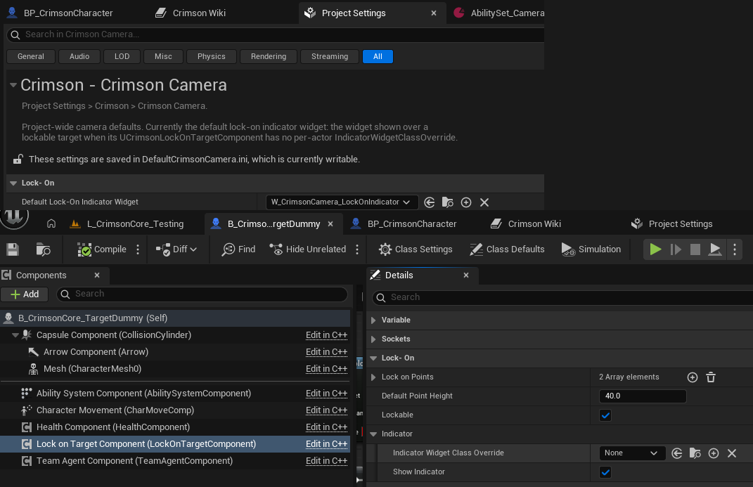 Project Settings -> Crimson -> Crimson Camera -> Default Lock-On Indicator Widget = your widget class. This is the project-wide fallback used by every lockable actor.