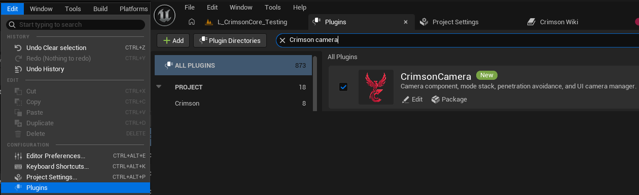 Edit -> Plugins -> search 'Crimson' -> tick CrimsonCamera's Enabled checkbox -> restart the editor.