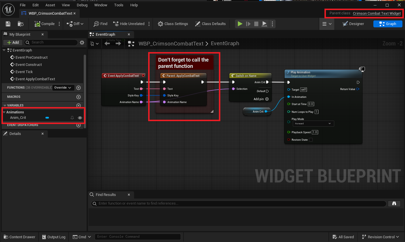 Widget Blueprint -> On Combat Text Applied -> Switch on Animation Name -> Play Animation.