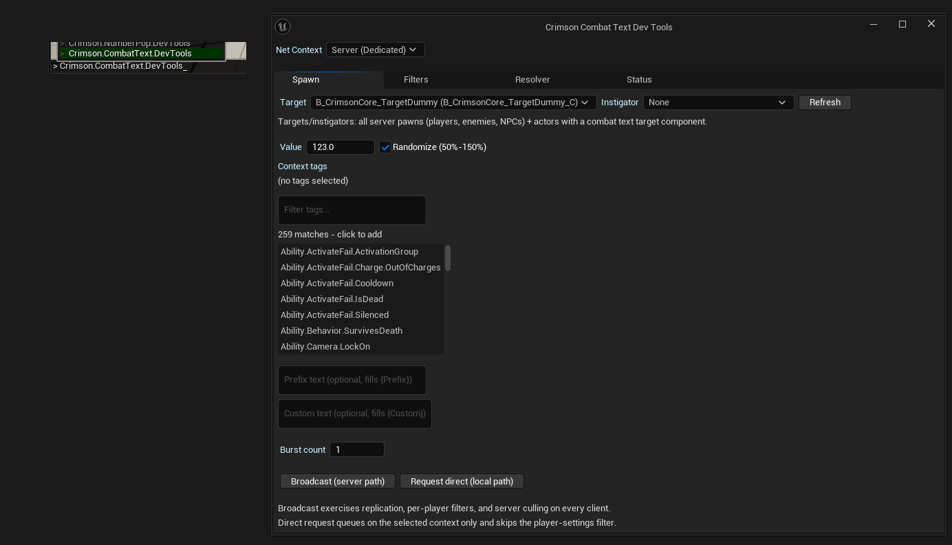 The Crimson Combat Text Dev Tools window in PIE, showing the Net Context picker and the Spawn / Filters / Status tabs.