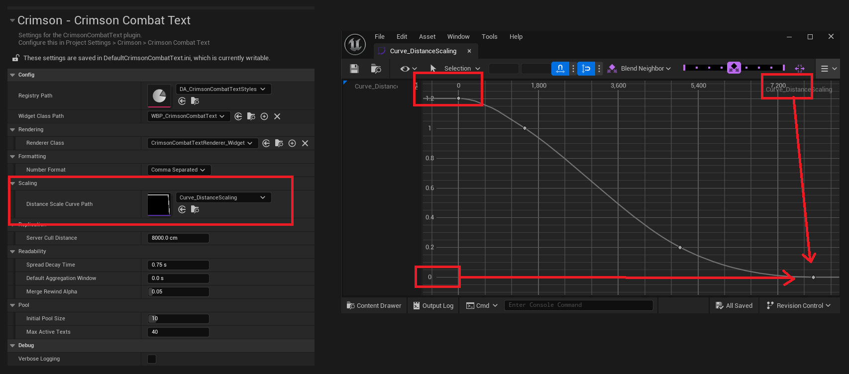 The CurveFloat asset with the four keys above, and Project Settings -> Crimson Combat Text -> Scaling -> Distance Scale Curve Path pointing at it.