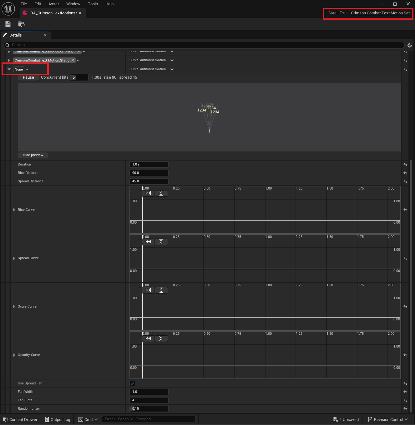 Motion Set asset: the Presets map with a preset row expanded, showing RiseCurve open in the curve editor.