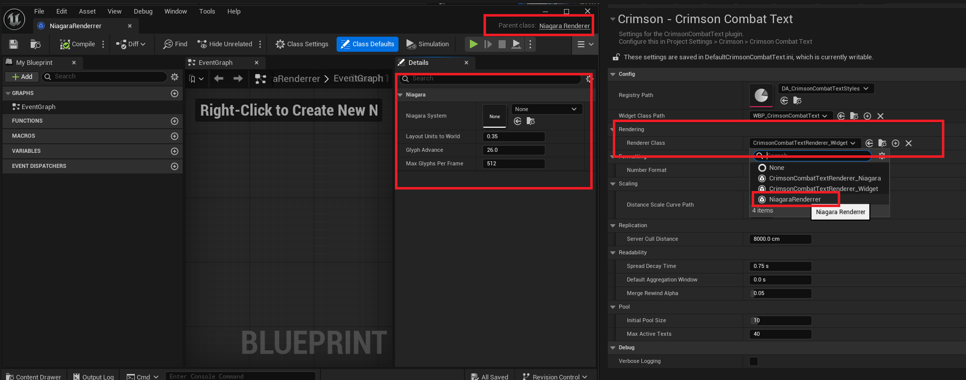 Project Settings > Crimson > Crimson Combat Text with Renderer Class set to a Niagara renderer Blueprint.
