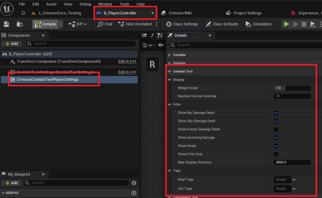 PlayerController Blueprint -> Add Component -> Crimson Combat Text Player Settings, then Set Filter Enabled / Set Filter Scalar from your options UI.