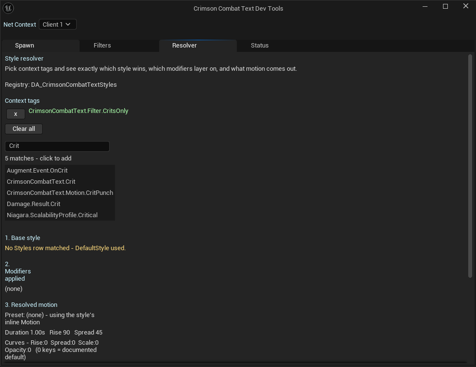 Dev Tools Resolver tab: tags typed in, showing the winning Styles row, applied Modifiers in order, and the resolved motion.