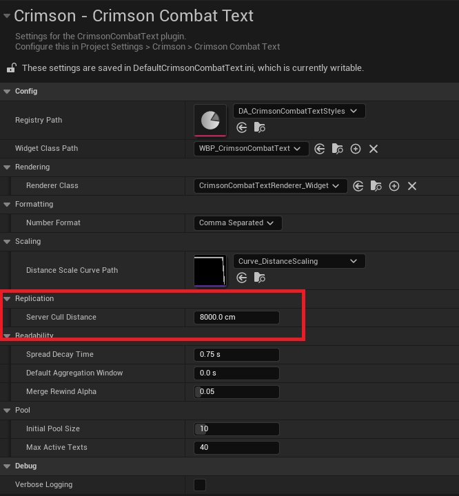 Project Settings -> Crimson -> Crimson Combat Text -> Replication -> Server Cull Distance (cm). 0 = off (multicast to all).