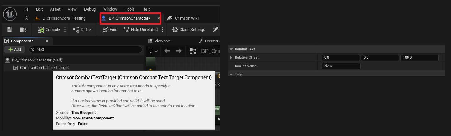 Character Blueprint -> Add Component -> Crimson Combat Text Target Component -> set Socket Name (e.g. head) or Relative Offset.