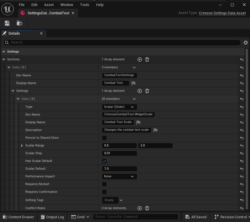 UCrimsonSettingsDataAsset -> a combat text entry with bPersistToSharedStore ticked and StorageKey = CrimsonCombatText.WidgetScale.