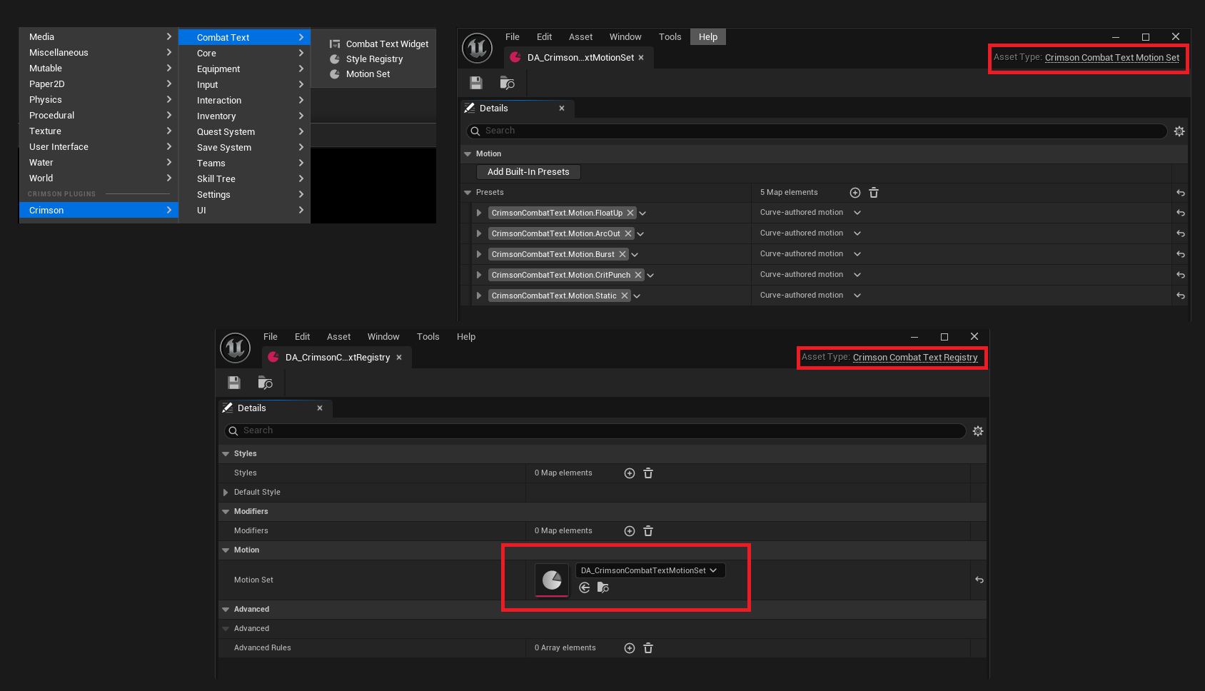 Content Browser > Crimson > Combat Text > Motion Set and Style Registry.