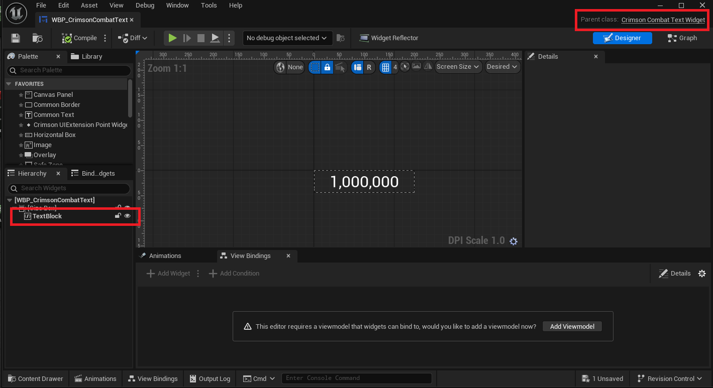 Widget Blueprint with a Rich Text Block named TextBlock.
