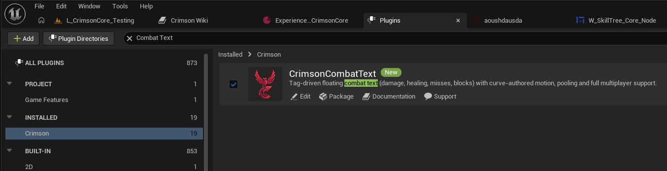 Edit -> Plugins -> search 'Crimson' -> tick CrimsonCombatText's Enabled checkbox -> restart the editor.