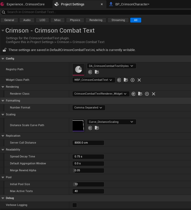 Project Settings > Crimson > Crimson Combat Text.