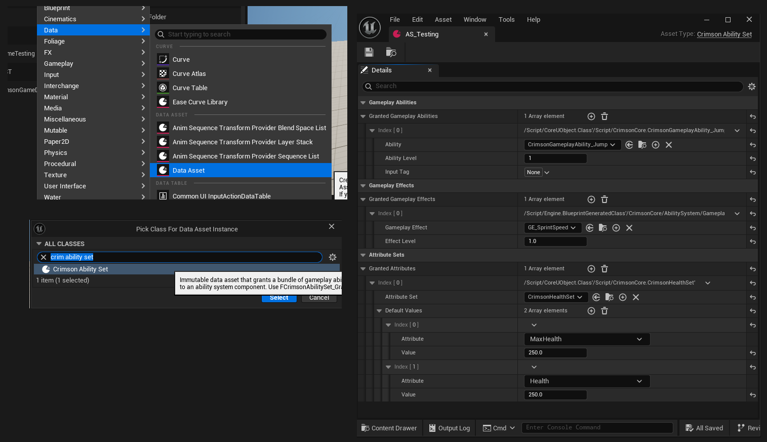 A CrimsonAbilitySet data asset with granted abilities, effects, and attributes.