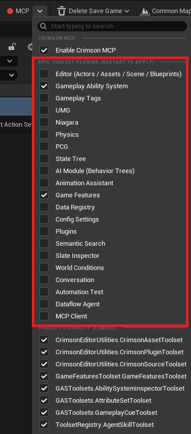 The Epic Toolset Plugins section; ticking 'Gameplay Ability System' enables the GASToolsets plugin and prompts a restart.