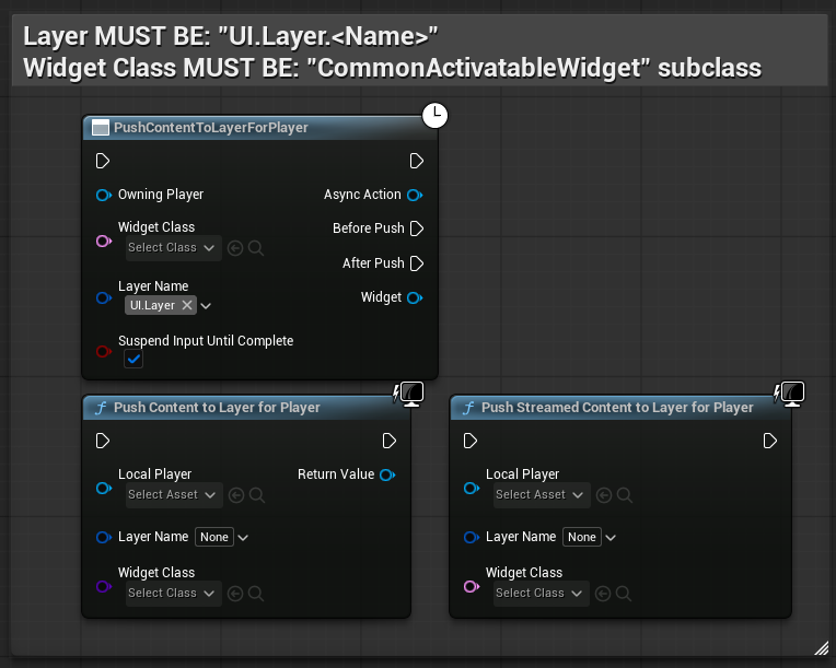 Push Content To Layer (For Player): Local Player, Layer Name tag, Widget Class.