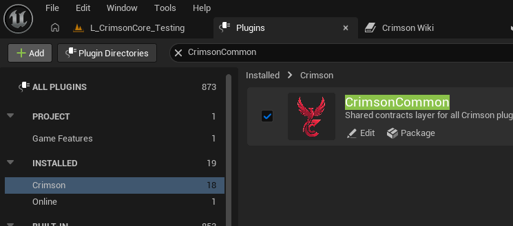 Edit -> Plugins -> search 'Crimson' -> tick CrimsonCommon's Enabled checkbox -> restart the editor.