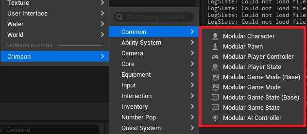 Reparent your framework Blueprints to the ACrimsonModular* classes, or set them in Project Settings -> Maps & Modes / your Game Mode.