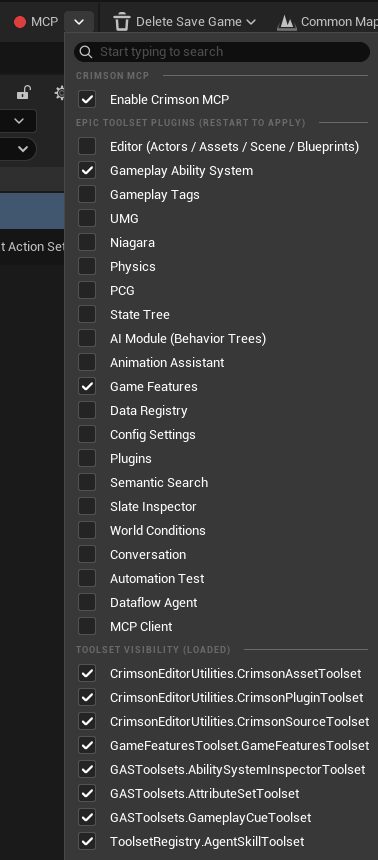 The MCP toolbar button's dropdown open, showing the three sections.