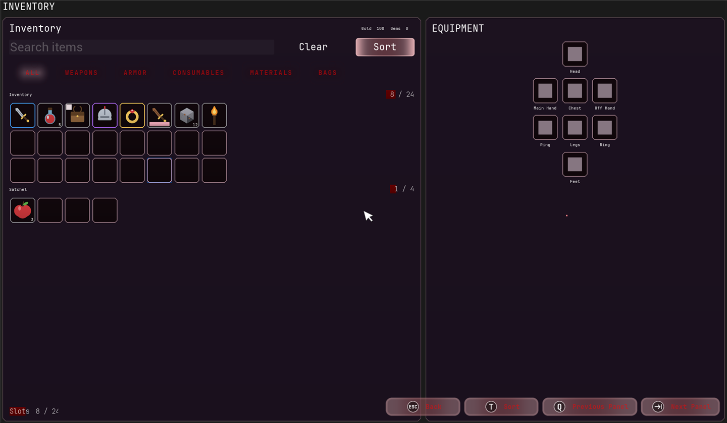 W_Inventory_Screen in PIE: the inventory panel (search, category tabs, Sort, groups, capacity meters, currencies) beside the equipment paper doll, with the CommonUI action bar showing the verb prompts.
