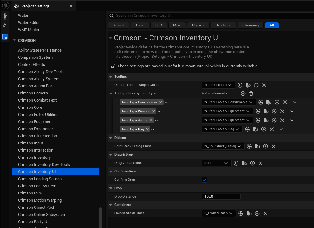 Project Settings -> Crimson -> Crimson Inventory UI with the shipped tooltip map, split dialog, and drop settings.