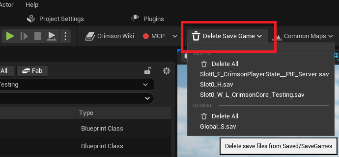The Delete Save Game dropdown, grouped by slot when CrimsonSaveSystem is present.